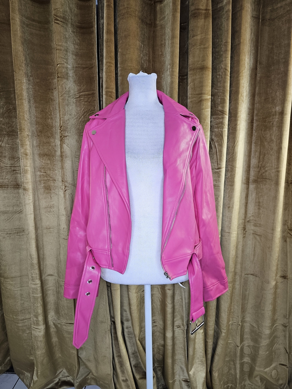 SHEIN Hot Pink Leather Moto Jacket with Belt
